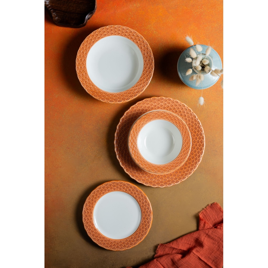 Spisesæt i porcelæn, 24 dele, hvid/orange