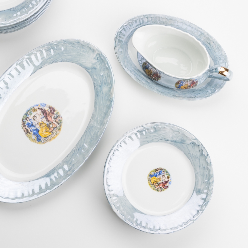 Spisesæt porcelæn 26 stykker blå med perlefinish