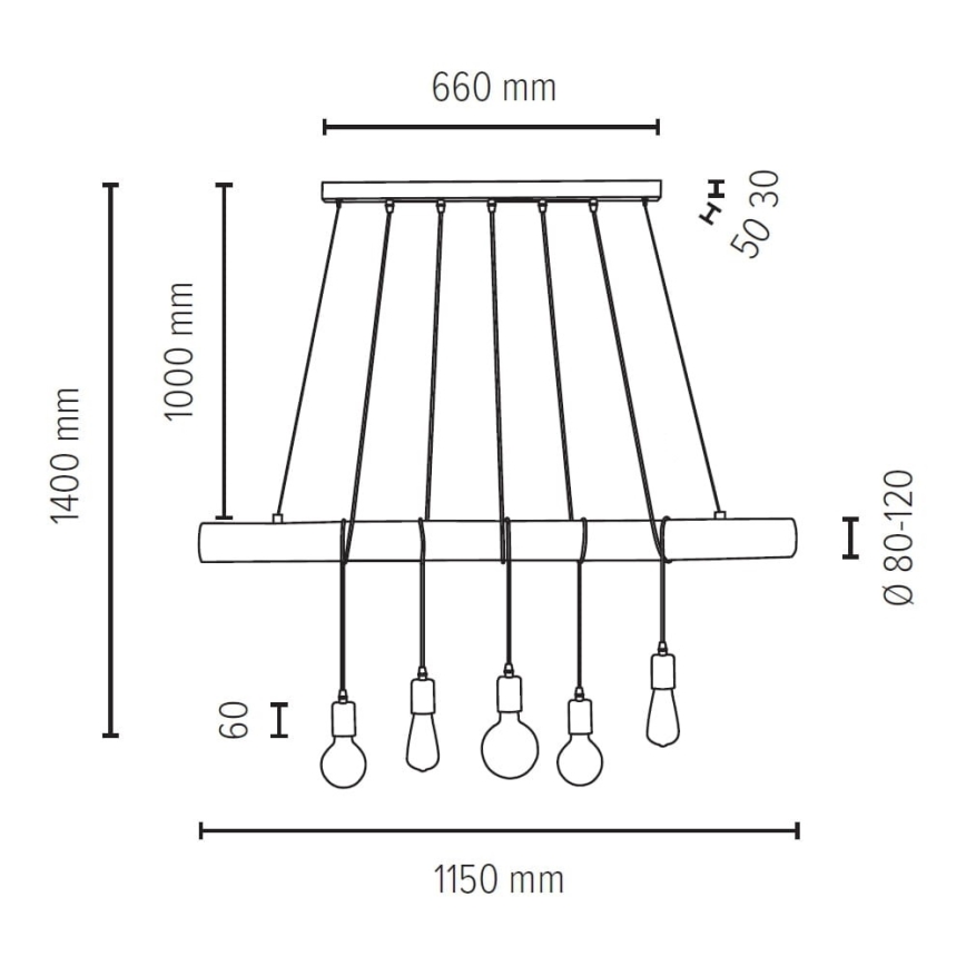 Loftlampe på kabel TRABO 5xE27/60W/230V fyrretræ