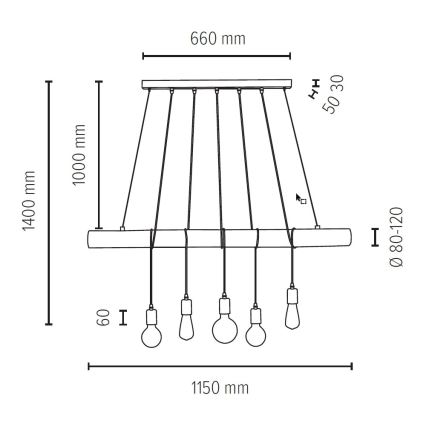 Pendel TRABO 5xE27/60W/230V fyrretræ - FSC-certificeret