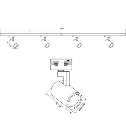 Spotlampe til skinnesystem LYNX 4xGU10/10W/230V + 2 x 75 cm skinnesystem hvid