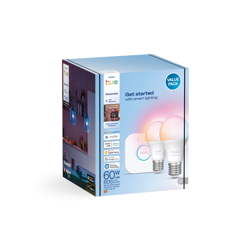 Startpakke Philips Hue White And Color Ambiance Essential 2xE27/8W/230V 2200-6500K + tilslutningsenhed