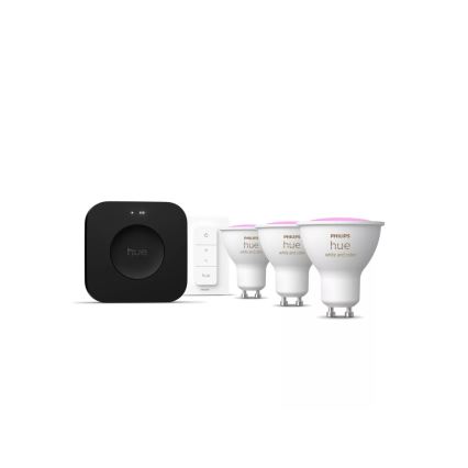 Startpakke Philips Hue WHITE AND COLOR AMBIANCE 3xGU10/4,2W 2000-6500K + Hue Bridge og dimmer switch