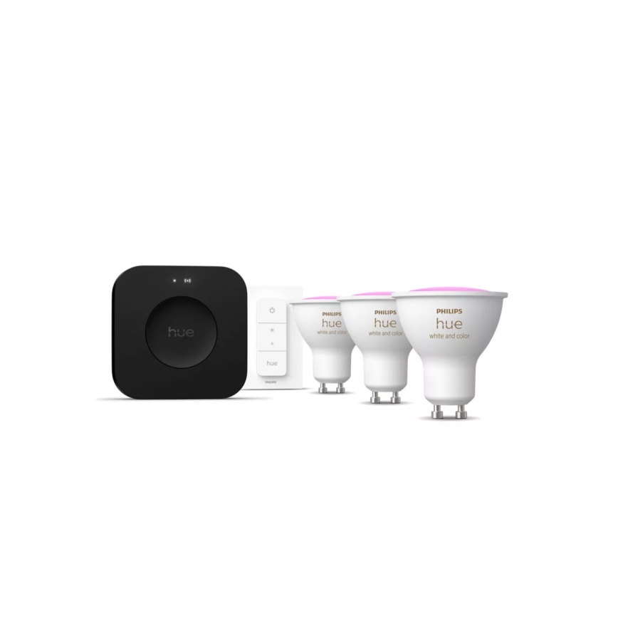 Startpakke Philips Hue WHITE AND COLOR AMBIANCE 3xGU10/4,2W 2000-6500K + Hue Bridge og dimmer switch
