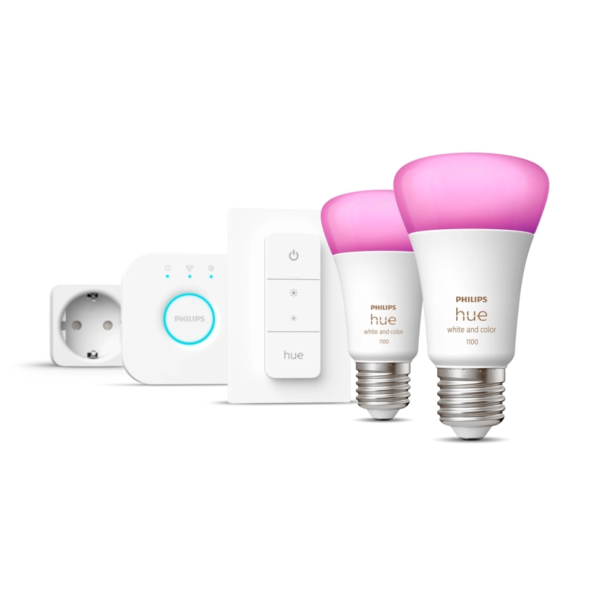 Startpakke Philips Hue WHITE AND COLOR AMBIANCE 2xE27/9W/230V 2200-6500K + smart-udtag, Hue Bridge og Dimmer Switch