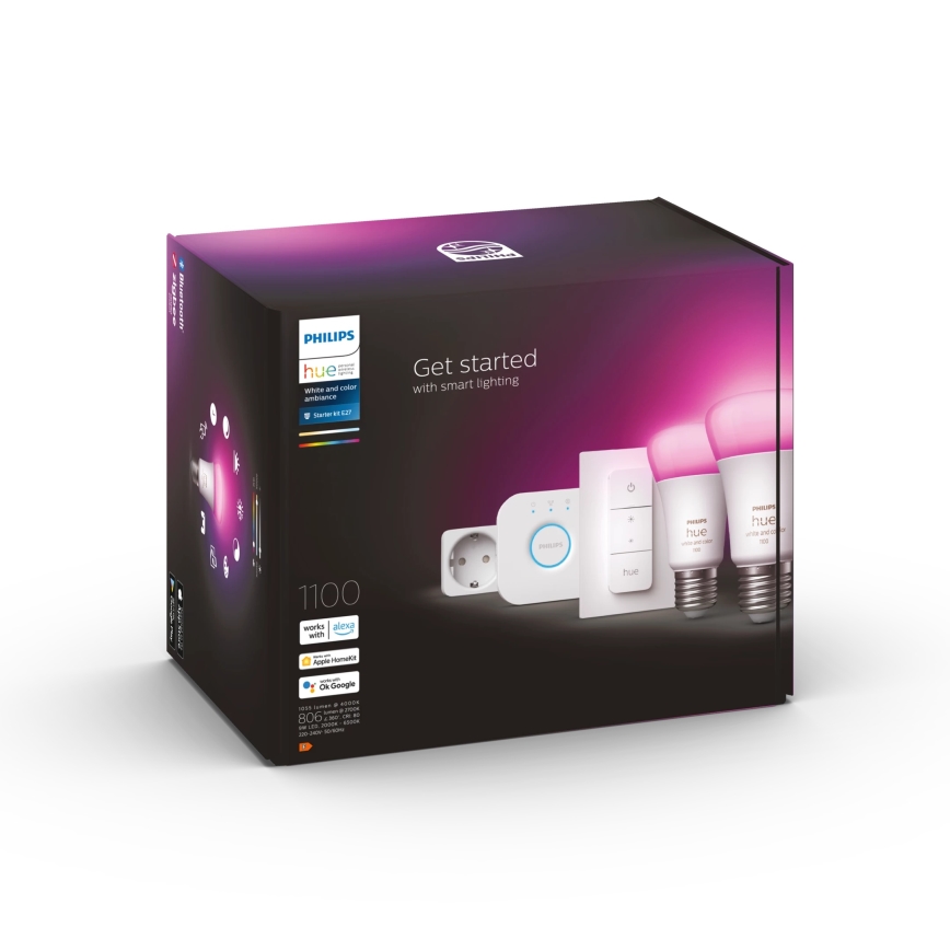 Startpakke Philips Hue WHITE AND COLOR AMBIANCE 2xE27/9W/230V 2200-6500K + smart-udtag, Hue Bridge og Dimmer Switch