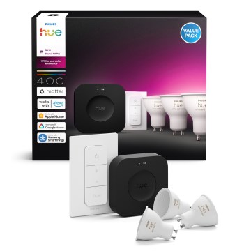 Startpakke Philips Hue WHITE AND COLOR AMBIANCE 3xGU10/4,2W 2000-6500K + Hue Bridge og dimmer switch