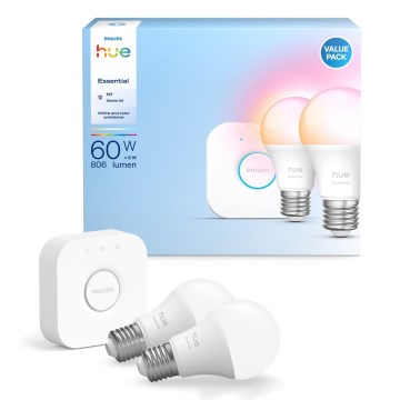 Startpakke Philips Hue White And Color Ambiance Essential 2xE27/8W/230V 2200-6500K + tilslutningsenhed