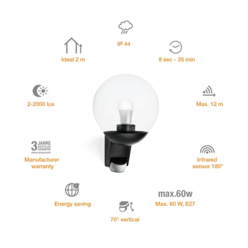 STEINEL 005535 - Udendørs væglampe med sensor L585S 1xE27/60W IP44 sort