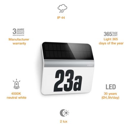 STEINEL 007140 - Soldrevet LED husnummer XSolar LH-N LED/0,03W rustfri IP44 2500 mAh