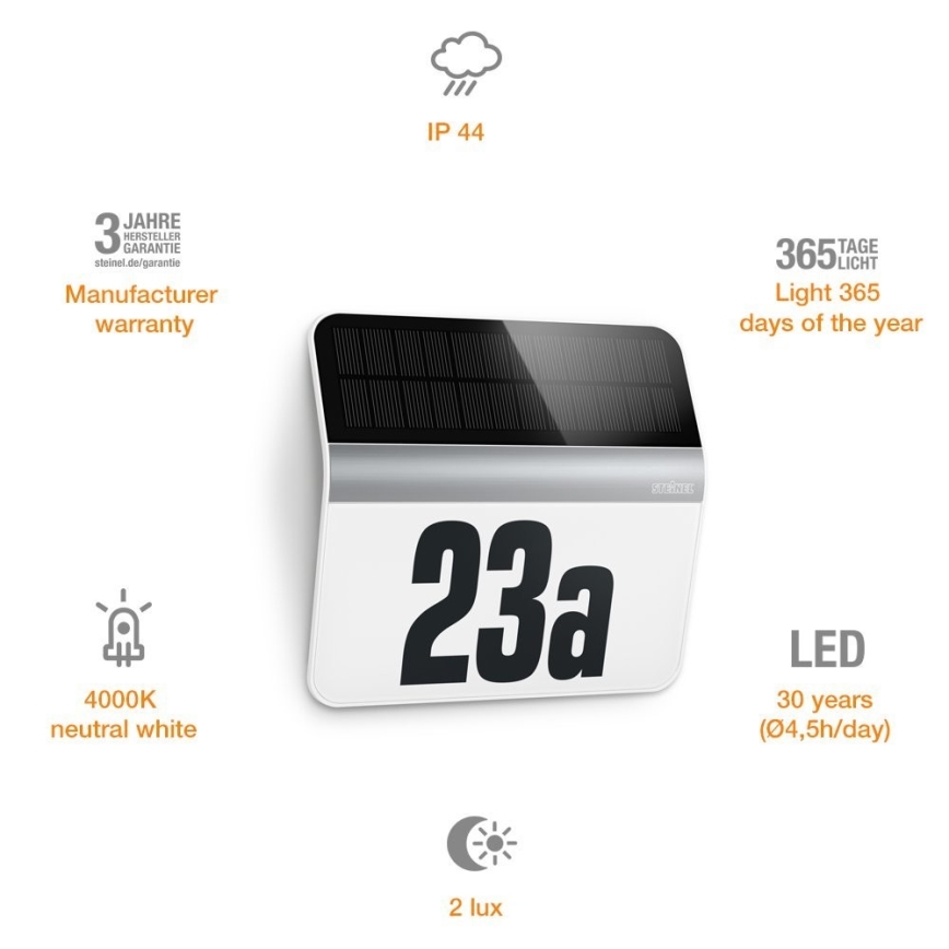 STEINEL 007140 - Soldrevet LED husnummer XSolar LH-N LED/0,03W rustfri IP44 2500 mAh
