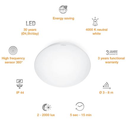 STEINEL 008383 - LED Badeværelseslampe med sensor RS16LED LED/9,5W/230V IP44