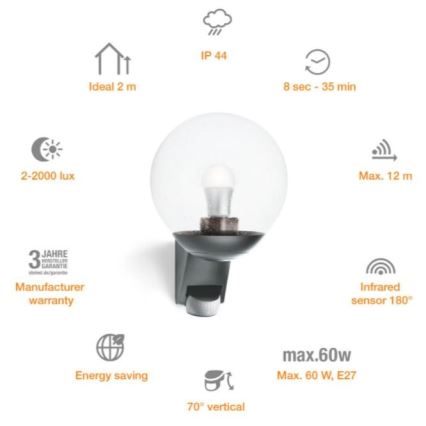 Steinel 035723 - Udendørs væglampe med sensor L585S 1xE27/60W/230V IP44