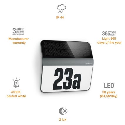 STEINEL 035730 - Soldrevet LED husnummer XSolar LH-N LED/0,03W IP44 2500 mAh