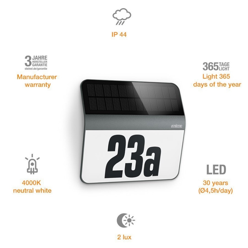STEINEL 035730 - Soldrevet LED husnummer XSolar LH-N LED/0,03W IP44 2500 mAh
