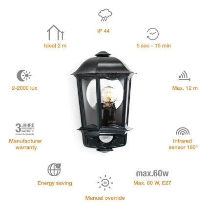 Steinel 644413 - Udendørs sensorlampe L 190 S 1xE27/100W/230V IP44