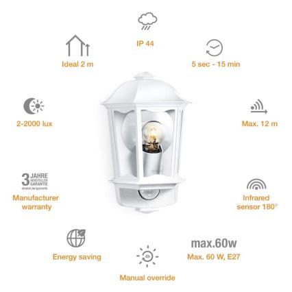 Steinel 644512 - Udendørs væglampe med sensor L 190 S 1xE27/100W/230V IP44