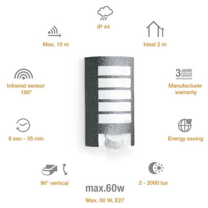 STEINEL 657819 - Udendørslampe med sensor L12 1xE27/60W/230V IP44