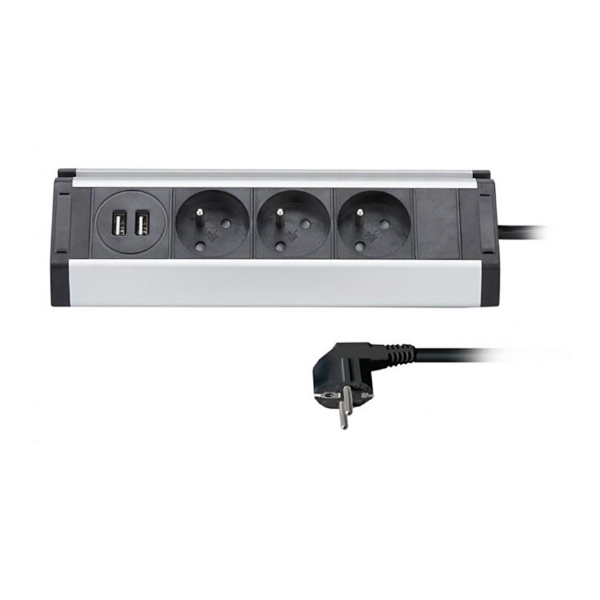 Stikdåse 3Z + 2x USB 1,5 m sort