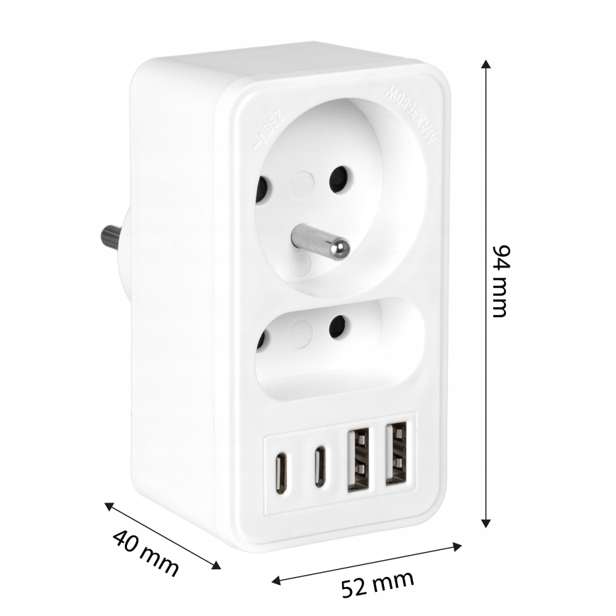 Stikdåse med 2 udtag + 2x USB-C + 2x USB-A