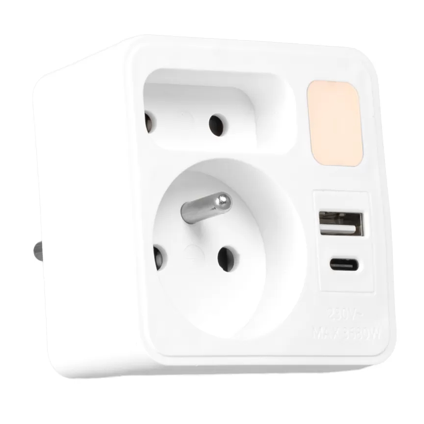 Stikdåse 2x stik + USB-C + USB-A med LED-belysning LED/0,5W/230V 3000K