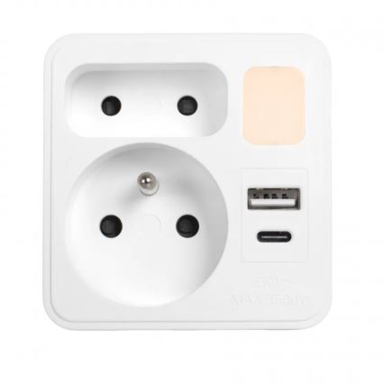 Stikdåse 2x stik + USB-C + USB-A med LED-belysning LED/0,5W/230V 3000K
