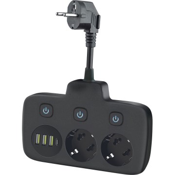 Stikdåse med afbryder LINEA 2 x 230 V + 4 x USB-A/USB-C, Schuko, sort