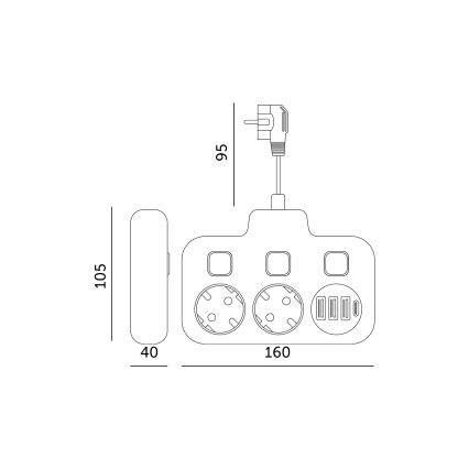 Stikdåse med afbryder LINEA 2 x 230 V + 4 x USB-A/USB-C, Schuko, sort