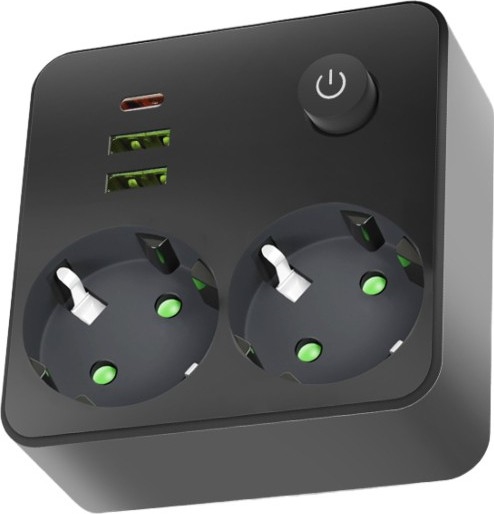 Stikdåse med afbryder LINEA 2x 230 V + 3x USB-A/USB-C SCHUKO, sort