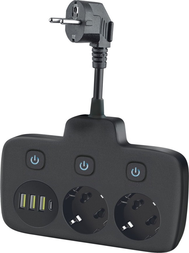 Stikdåse med afbryder LINEA 2x230V + 4xUSB A/C SCHUKO sort
