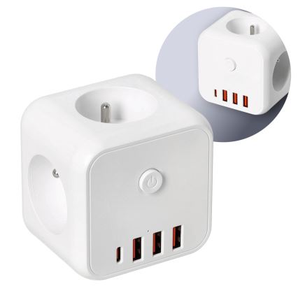 Stikdåse med afbryder LINEA 3x230V + 4xUSB A/C hvid