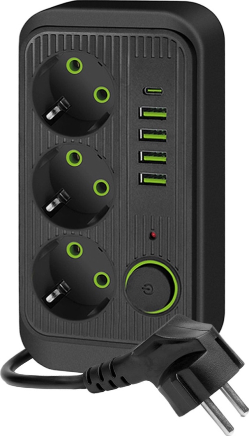 Stikdåse med afbryder LINEA 3x230V + 5xUSB A/C 5 m sort