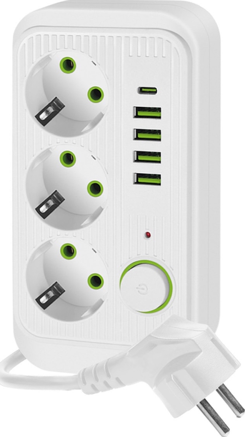 Stikdåse med afbryder LINEA 3x230V + 5xUSB A/C SCHUKO 1,5 m hvid