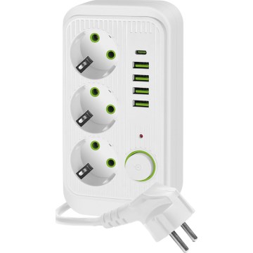 Stikdåse med afbryder LINEA 3x230V + 5xUSB A/C SCHUKO 3 m hvid