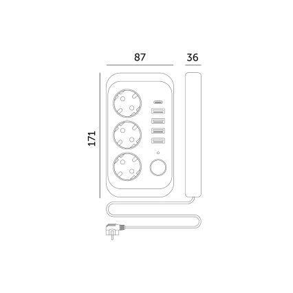 Stikdåse med afbryder LINEA 3x230V + 5xUSB A/C SCHUKO 5 m hvid