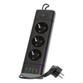Stikdåse med afbryder LINEA PRO 3x230 V (SCHUKO) + 3x USB-A + 1x USB-C, 1,5 m, sort