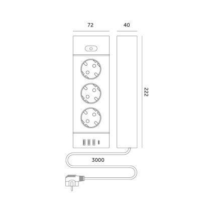 Stikdåse med afbryder LINEA PRO 3x230 V + 3x USB-A + 1x USB-C SCHUKO 3 m hvid