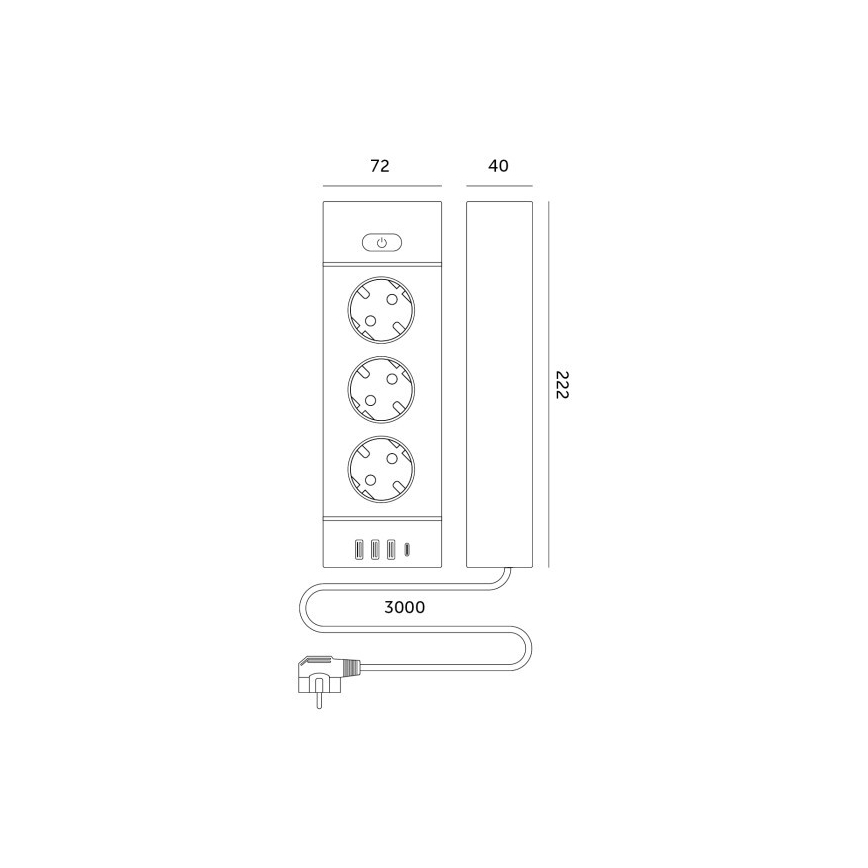 Stikdåse med afbryder LINEA PRO 3x230 V + 3x USB-A + 1x USB-C SCHUKO 3 m hvid