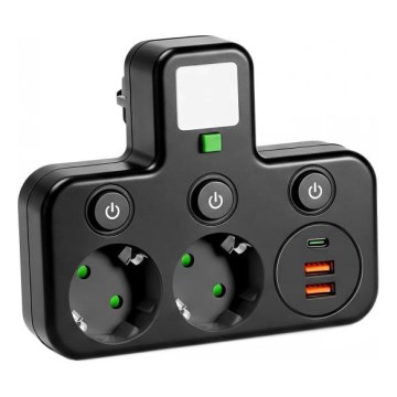 Stikdåse med afbryder og LED-belysning LINEA PRO 2x Schuko-udtag + 3x USB A/C 4000K sort