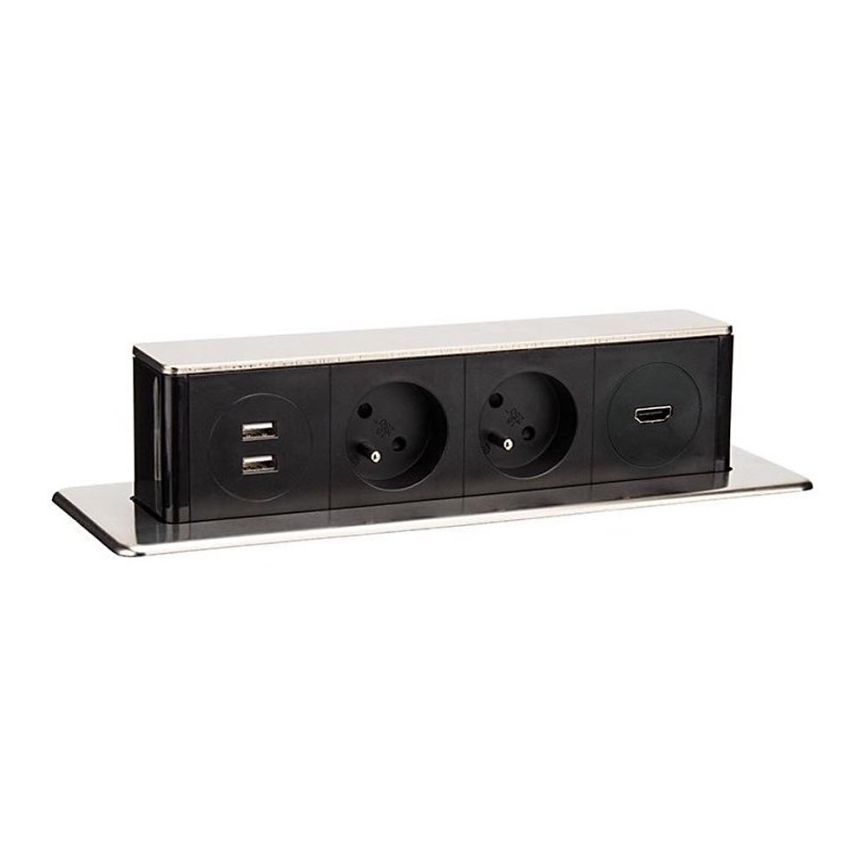 Stikdåse til bordplade 2x230V + 2x USB + HDMI