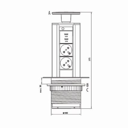 Stikdåse til bordplade 2x230V +USB-A 3,1A +UBS-C 15,5W 230V