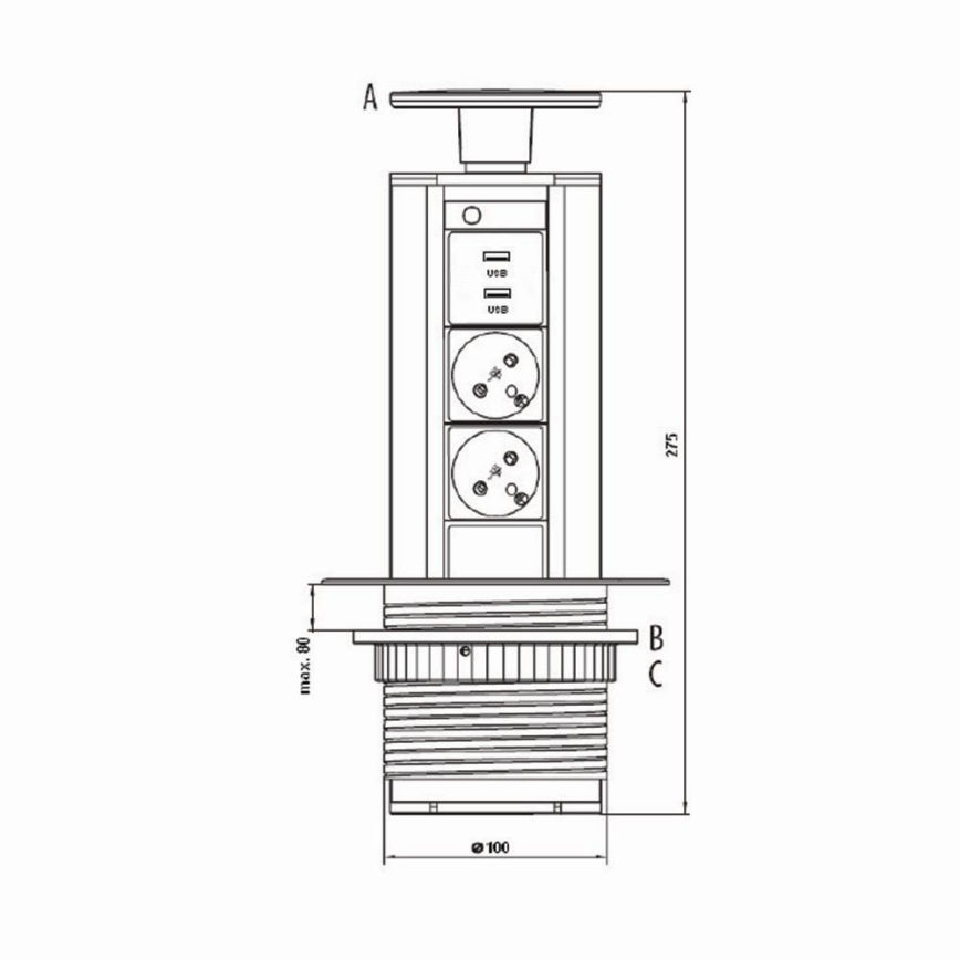 Stikdåse til bordplade 2x230V +USB-A 3,1A +UBS-C 15,5W 230V