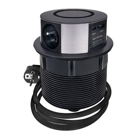 Stikdåse til bordplade 3x230V + 2xUSB + trådløs opladning