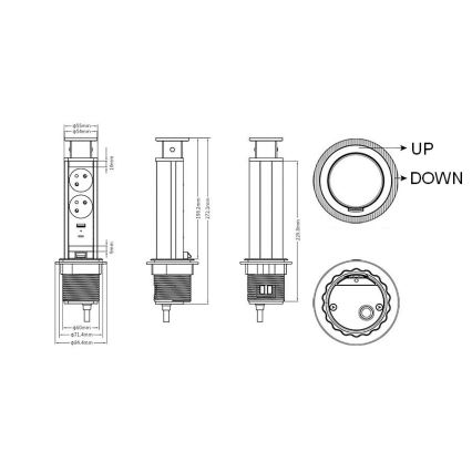 Stikkolonne til bordplade med 2x230V + USB-A + USB-C