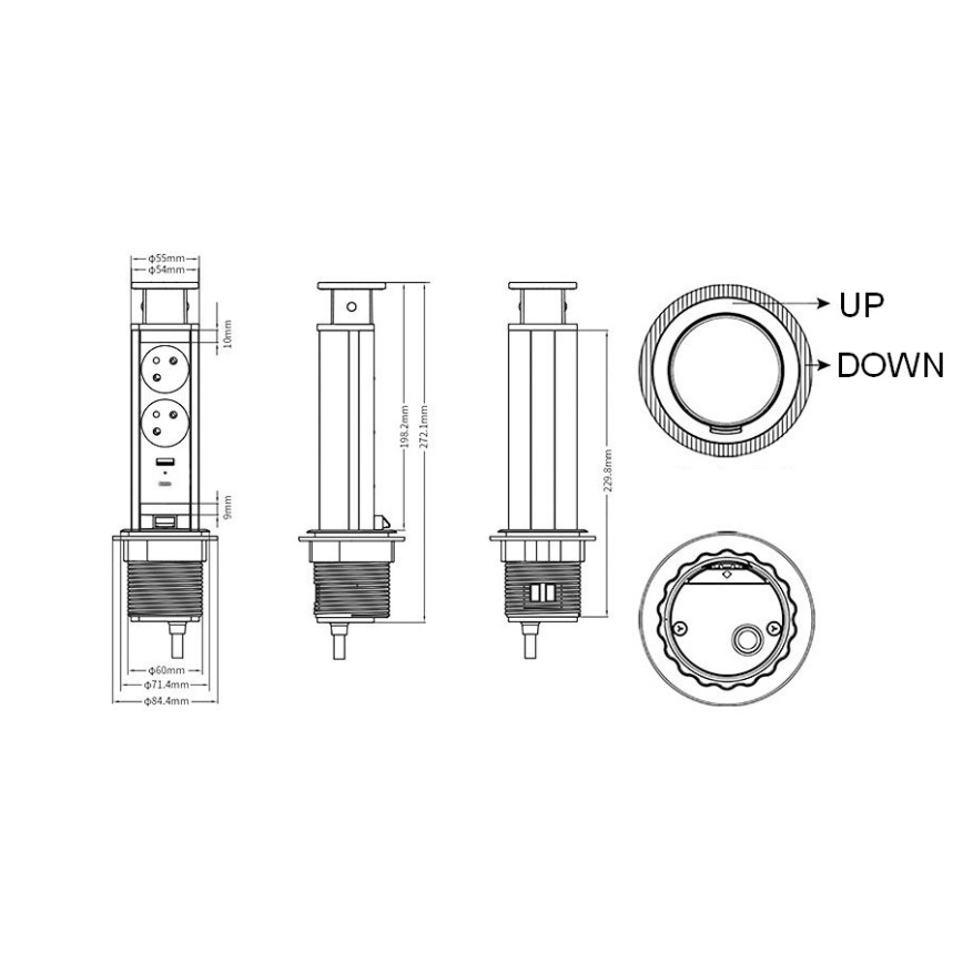 Stikkolonne til bordplade med 2x230V + USB-A + USB-C
