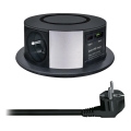 Stikkontakt-søjle til bordplade med trådløs Qi-opladning 3x230V + 1xUSB-A + 1xUSB-C sort/sølv
