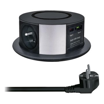 Stikkontakt-søjle til bordplade med trådløs Qi-opladning 3x230V + 1xUSB-A + 1xUSB-C sort/sølv