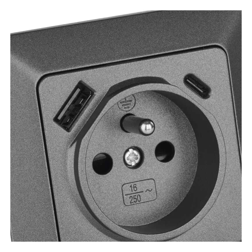 Stikkontakt til hjemmet med USB-A+USB-C, fransk (Type E), 250V/16A, antracit