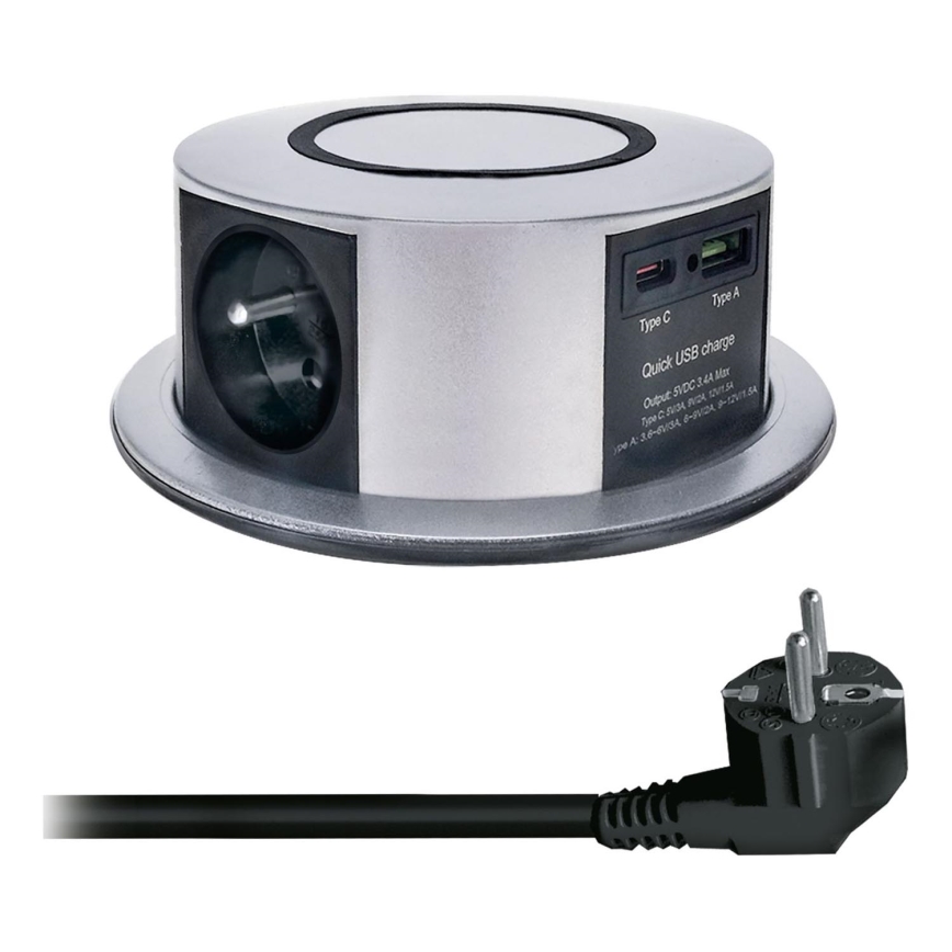 Stikkontaktsøjle m. trådløs Qi-opladning til bordplade 3x230V + 1xUSB-A + 1xUSB-C