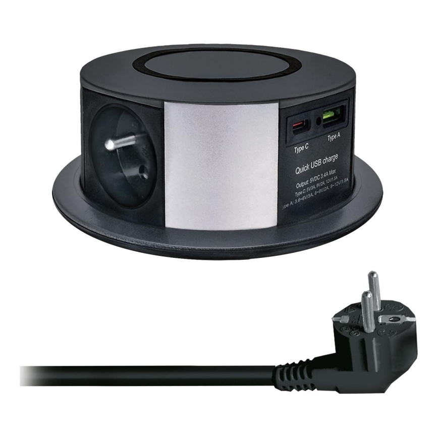 Stikkontaktsøjle m. trådløs Qi-opladning til bordplade 3x230V + 1xUSB-A + 1xUSB-C